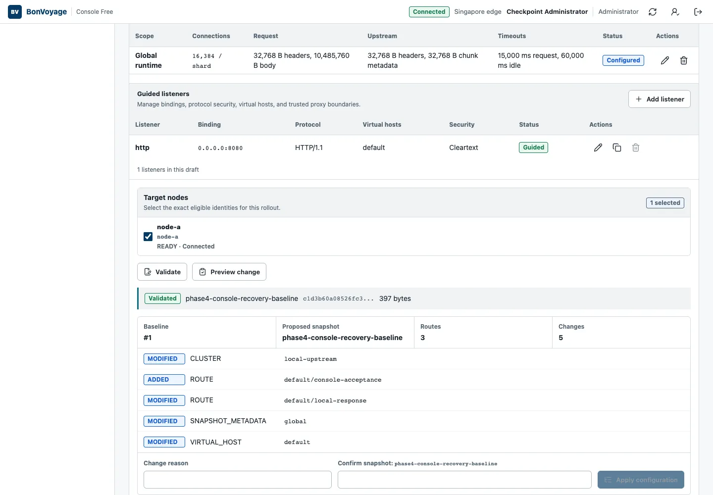 Validated configuration preview showing the baseline, proposed snapshot, selected node, and five resource changes.