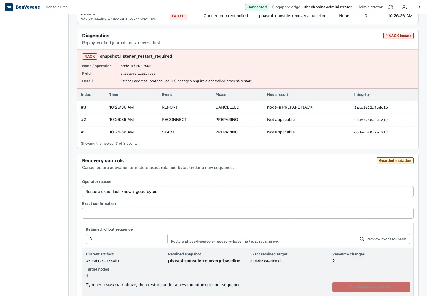 Exact rollback preview showing the retained snapshot, target artifact, selected node, and generated confirmation requirement.